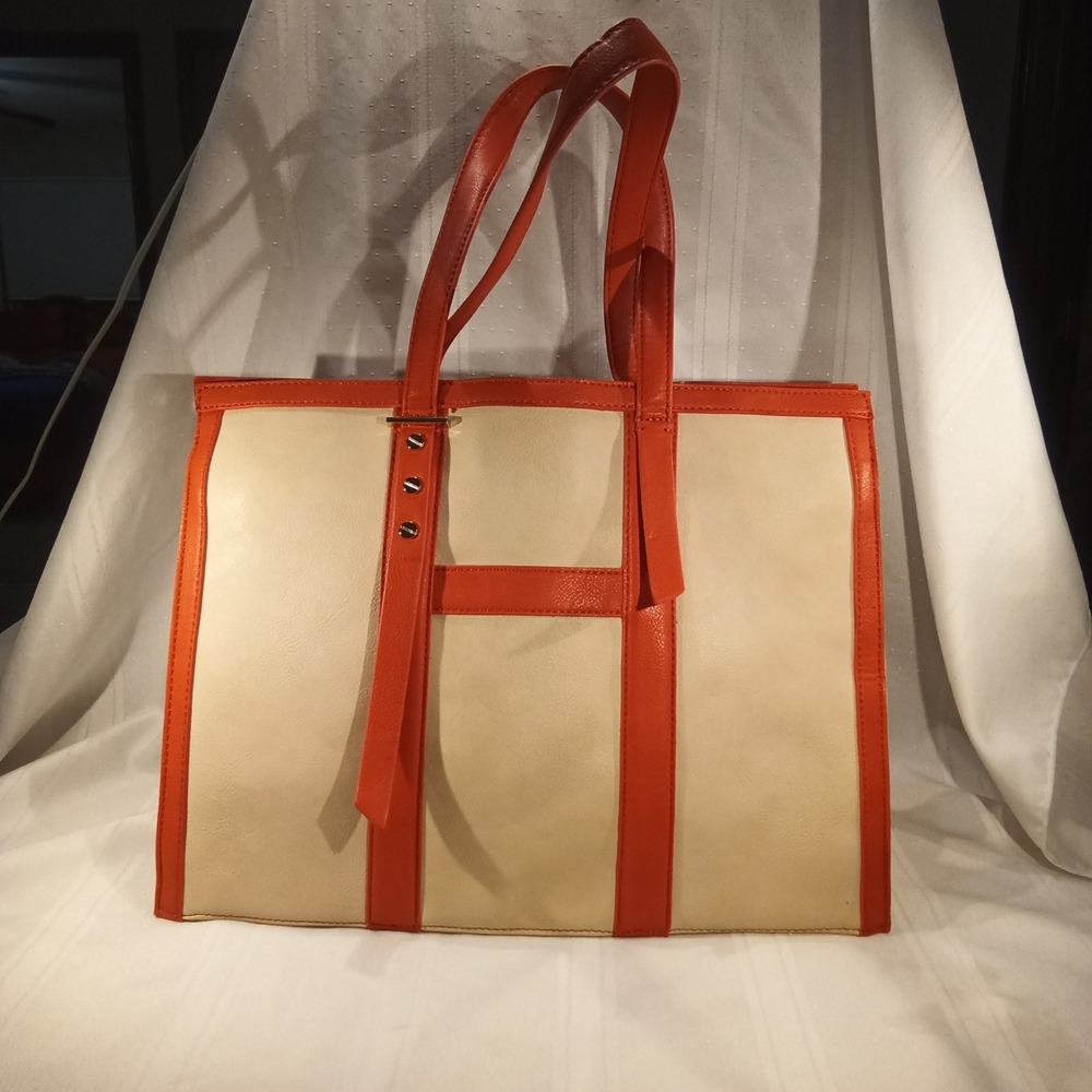 Big Buddha Tan & Orange Leather Trim Tote Bag –‎ Good Condition